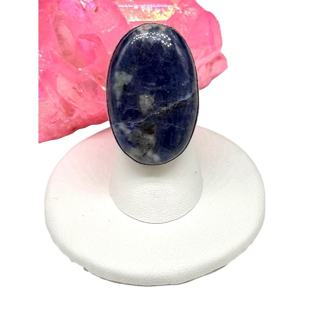Sodalite Ring Size 5 925 Sterling Silver Overlay Chunky Oval Stone
